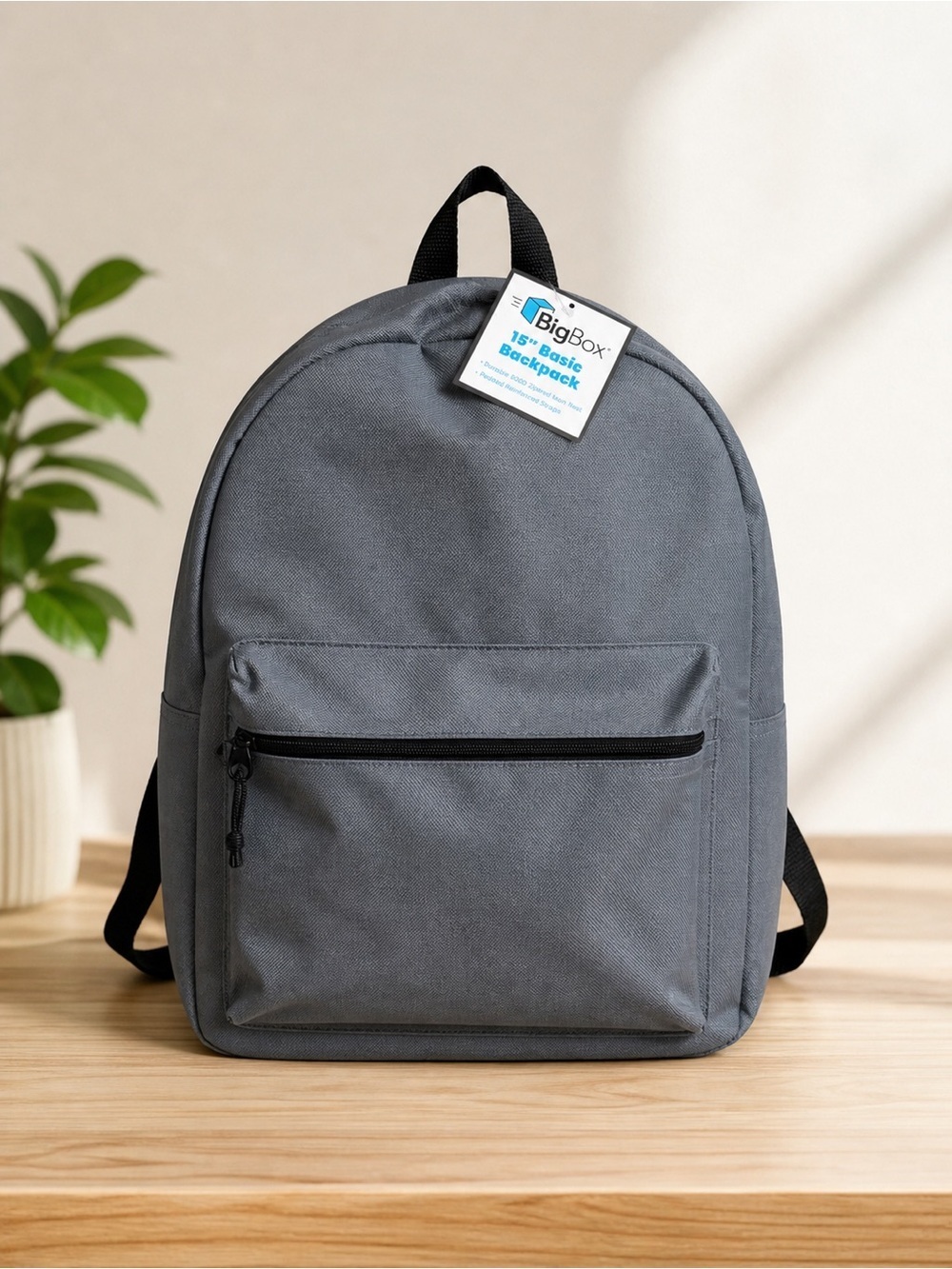 New Kids Gray Everyday Backpack 15” Classic Zip Book Bag with Front Zip Pocket